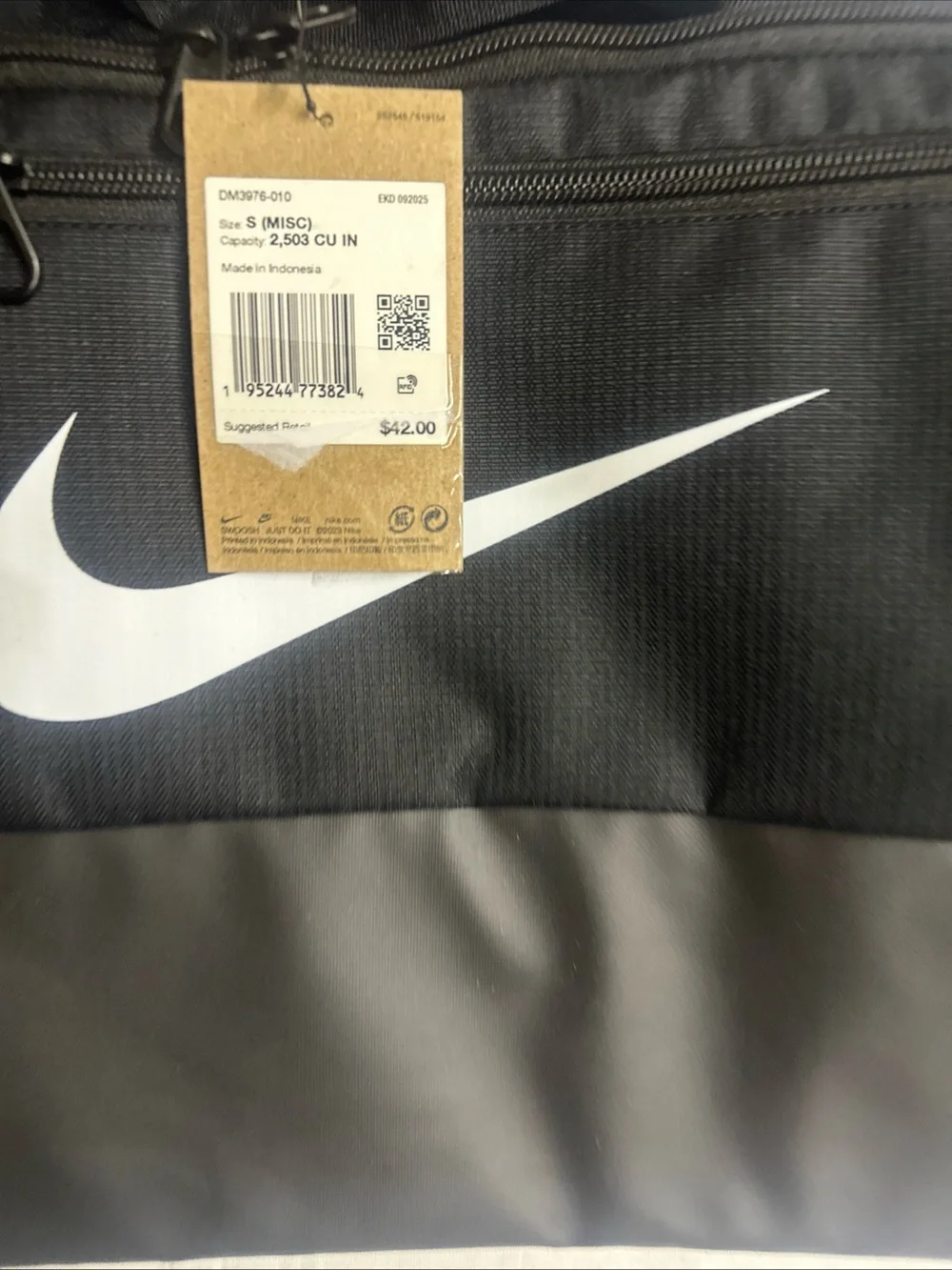 Nike Black Duffel Bag with White Swoosh Logo